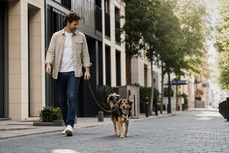 Ein Kochi-ken Hund läuft an der Leine mit seinem Besitzer durch eine moderne Stadtstraße.
