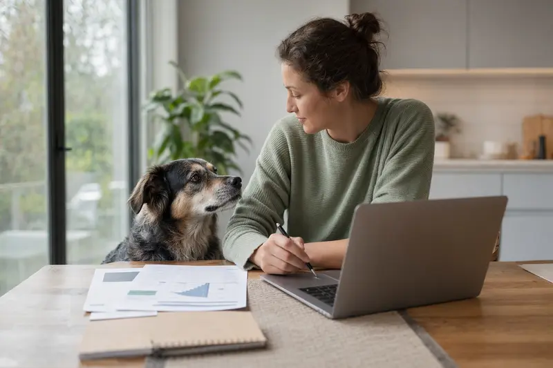 Ein ruhiger Kochi-ken Hund sitzt neben seinem Besitzer am Küchentisch, während Versicherungsunterlagen und ein Laptop mit Vergleichsinformationen auf dem Tisch liegen.
