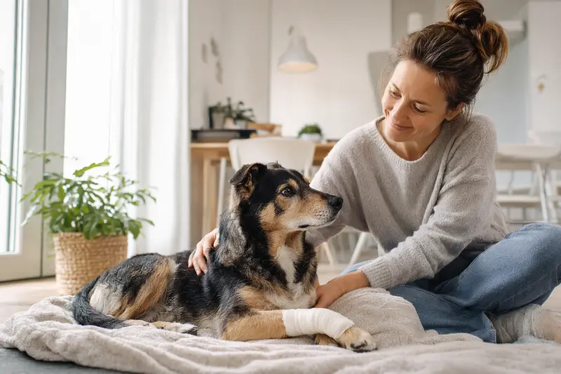 Ein Kochi-ken Hund mit einem leichten Verband an seiner Pfote liegt entspannt neben seinem erleichterten Besitzer auf einer Decke in einer hellen Wohnung.