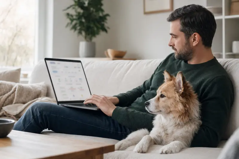 Ein Hundebesitzer sitzt mit Laptop auf dem Sofa, neben ihm ein Kochi-ken Hund, während er einen Versicherungsvergleich für Tierarztkosten betrachtet.
