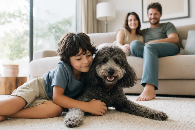 Ein freundlicher Königspudel liegt entspannt neben einem Kind im hellen Wohnzimmer, während die Eltern im Hintergrund eine sichere Familienatmosphäre schaffen.