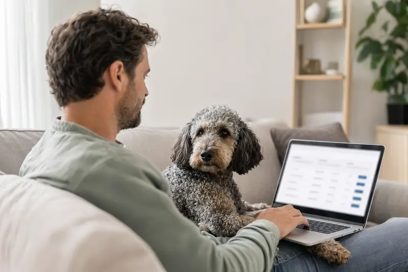 Ein Hundebesitzer mit einem Königspudel sitzt auf dem Sofa und vergleicht online Tierkrankenversicherungen.