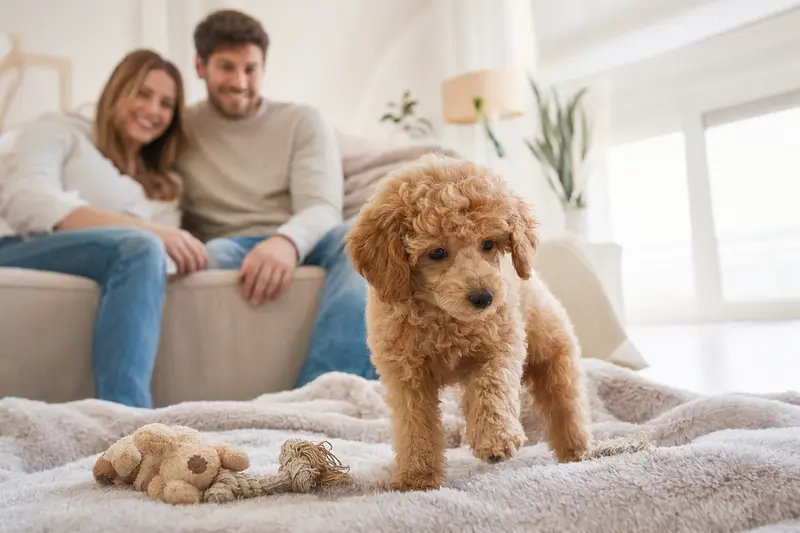 Ein neugieriger Königspudel Welpe erkundet sein neues Zuhause mit liebevoller Familie im Hintergrund.