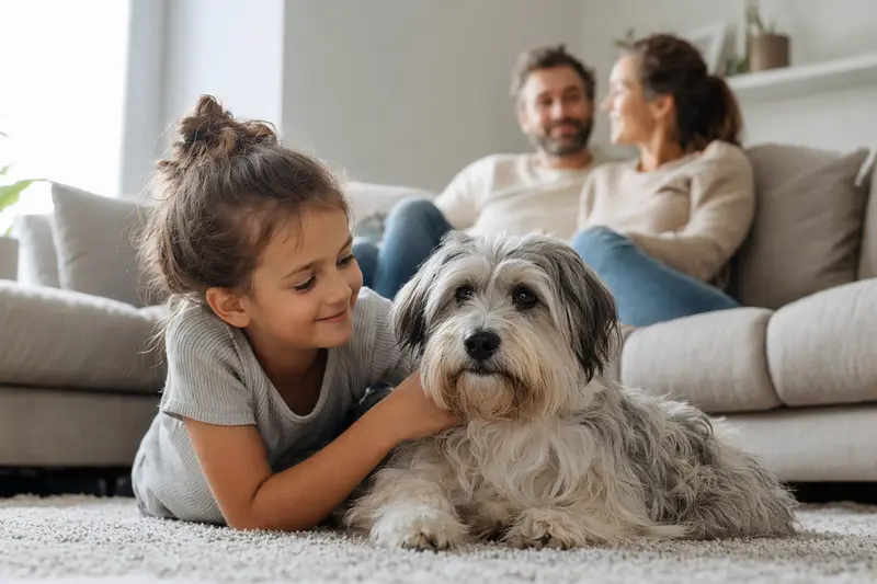 Ein freundlicher Kokoni Hund liegt entspannt neben einem Kind im hellen Wohnzimmer, während die Eltern im Hintergrund eine sichere Familienatmosphäre schaffen.