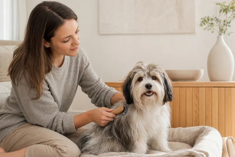 Ein Kokoni Hund wird in einer hellen Wohnung sanft gebürstet, während sein Besitzer die Fellpflege liebevoll übernimmt.