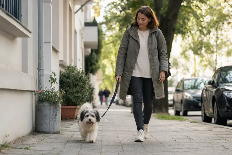 Ein Kokoni Hund läuft an der Leine mit seinem Besitzer durch eine moderne Stadtstraße.