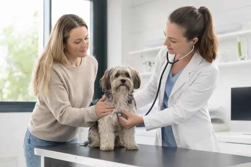 Ein ruhiger Kokoni Hund wird von einer freundlichen Tierärztin in einer modernen Tierarztpraxis untersucht.