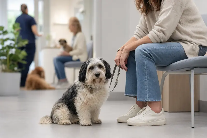 Ein Kokoni Hund sitzt ruhig neben seinem Besitzer im hellen Wartezimmer einer modernen Tierarztpraxis.