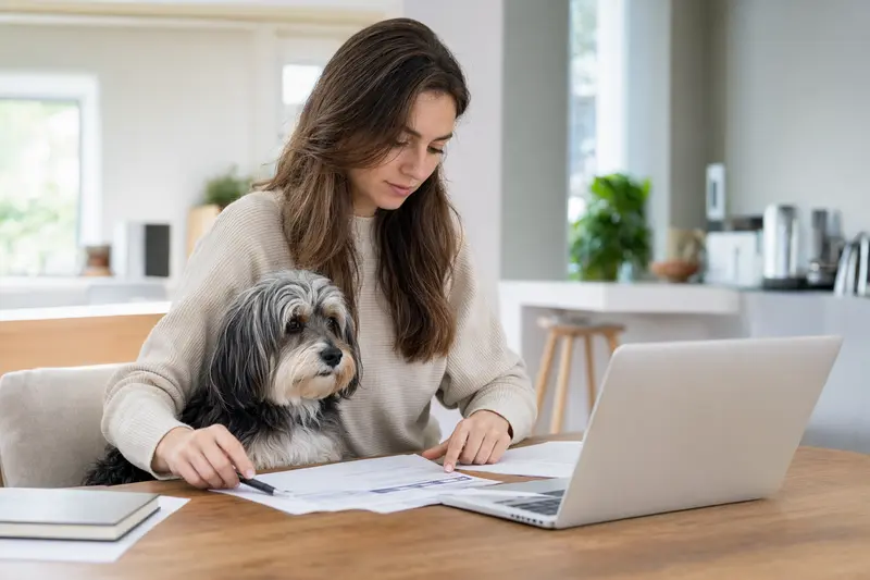 Ein Kokoni Hund sitzt entspannt neben seinem Besitzer am Küchentisch, auf dem Versicherungsunterlagen und ein Laptop liegen.