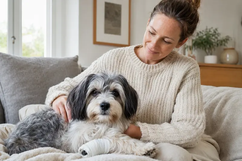 Ein Kokoni Hund mit einem leichten Verband an der Pfote liegt entspannt auf einer Decke neben seinem erleichterten Besitzer.