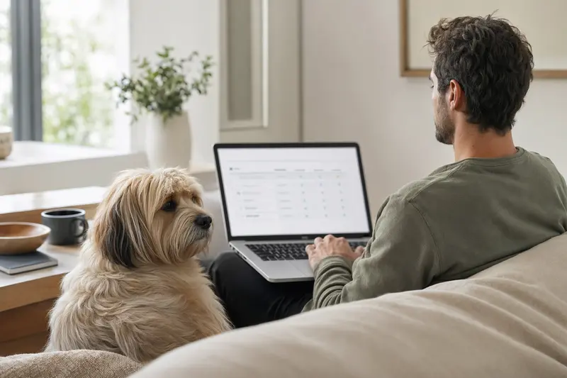 Ein Hundebesitzer sitzt mit seinem Kokoni-Hund auf dem Sofa und vergleicht Tierversicherungen auf seinem Laptop in einer hellen, ruhigen Wohnung.