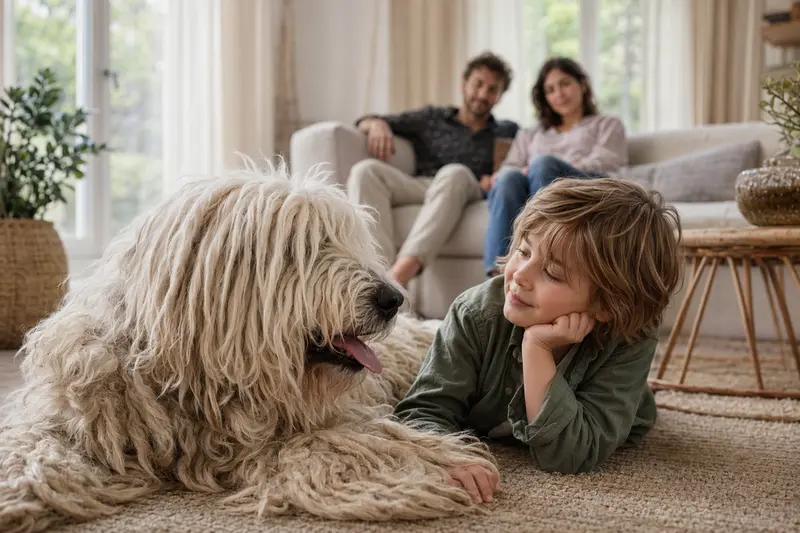 Ein freundlicher Komondor liegt entspannt neben einem Kind im Wohnzimmer, während die Eltern im Hintergrund eine sichere Familienatmosphäre vermitteln.