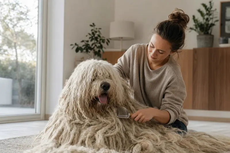 Ein Komondor Hund wird in einer hellen Wohnung sanft gebürstet, während sich sein Besitzer liebevoll um die Fellpflege kümmert.