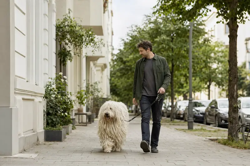 Ein Komondor läuft an der Leine mit seinem Besitzer durch eine moderne Stadtstraße.