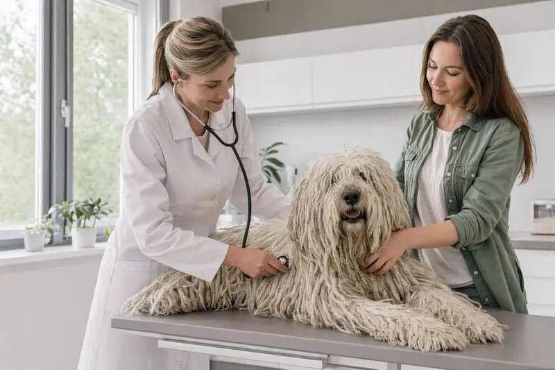Ein ruhiger Komondor Hund wird von einer freundlichen Tierärztin auf einem Untersuchungstisch in einer hellen Tierarztpraxis untersucht.