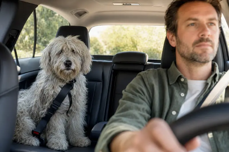 Ein Komondor Hund sitzt sicher angeschnallt auf der Rückbank eines Autos, während der Besitzer ruhig fährt.