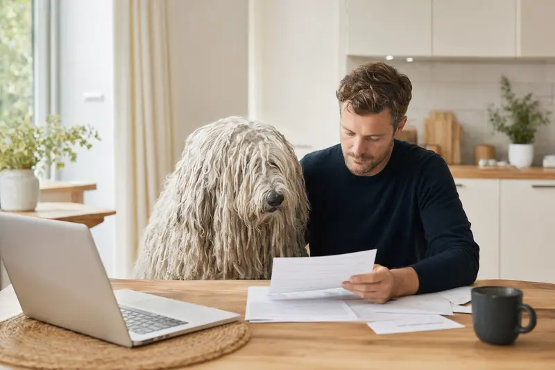 Ein Komondor Hund sitzt ruhig neben seinem Besitzer am Küchentisch mit Versicherungsunterlagen und einem Laptop.