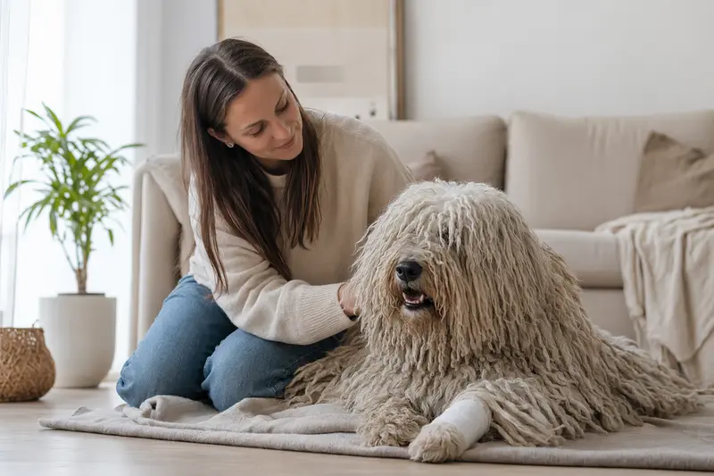 Ein Komondor Hund mit Verband an der Pfote liegt entspannt neben seinem erleichterten Besitzer in einer hellen Wohnung.