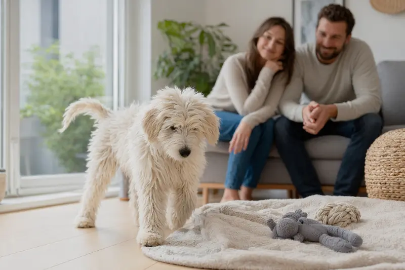 Ein neugieriger Komondor Welpe entdeckt sein neues Zuhause mit weicher Decke und liebevoller Familie im Hintergrund.