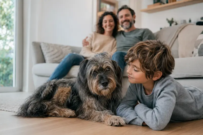 Ein Kongo-Terrier liegt entspannt neben einem Kind im hellen Wohnzimmer, während die Eltern im Hintergrund eine sichere Familienatmosphäre schaffen.