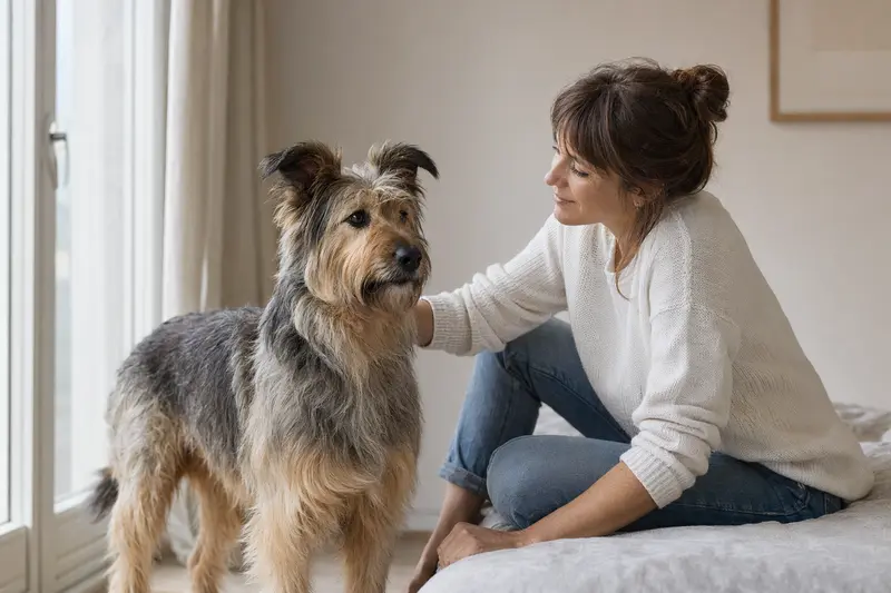 Ein Kongo-Terrier steht aufmerksam in natürlicher Haltung vor hellem Hintergrund und zeigt seine typische Fellstruktur.