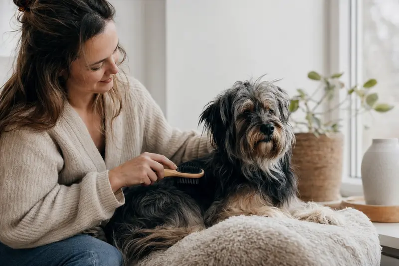 Ein Kongo-Terrier wird in einer hellen Wohnung sanft vom Besitzer gebürstet, während die Fellpflege ruhig und liebevoll erfolgt.