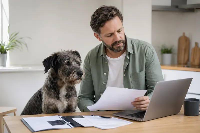 Ein Kongo-Terrier sitzt ruhig neben seinem Besitzer am Küchentisch mit Versicherungsunterlagen und einem Laptop.