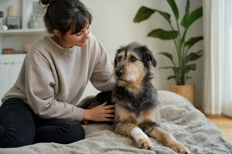 Ein ruhiger Kongo-Terrier mit Verband an der Pfote liegt auf einer Decke, während sein erleichterter Besitzer neben ihm sitzt.