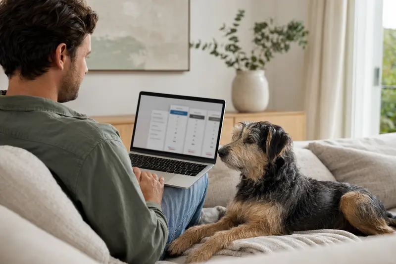 Ein Hundebesitzer arbeitet am Laptop mit einem Kongo-Terrier neben sich in einer ruhigen Wohnung.