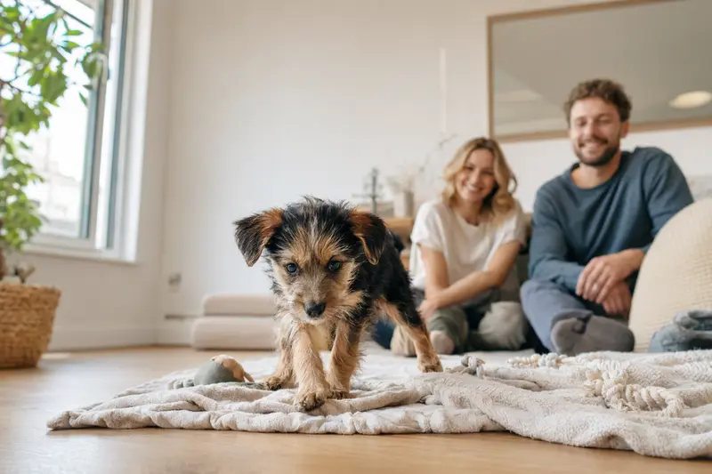 Ein neugieriger Kongo-Terrier Welpe erkundet sein neues Zuhause mit einer weichen Decke und Spielzeug im Hintergrund.