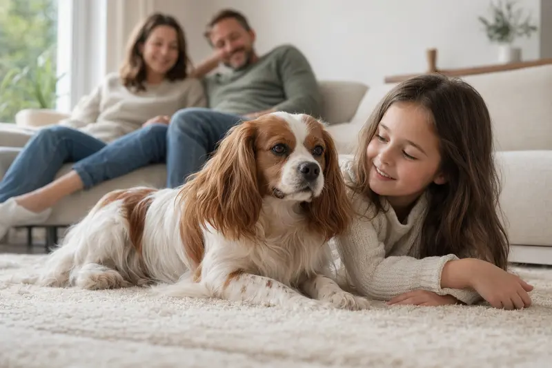 Ein Kontinentaler Zwergspaniel liegt entspannt neben einem Kind im hellen Wohnzimmer, während die Eltern im Hintergrund eine sichere Familienatmosphäre schaffen.