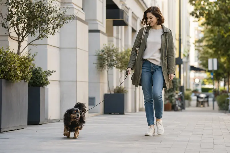Ein Kontinentaler Zwergspaniel läuft an der Leine mit seinem Besitzer durch eine saubere moderne Stadtstraße.