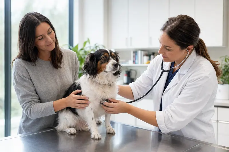 Ein ruhiger Kontinentaler Zwergspaniel wird von einer Tierärztin behutsam mit einem Stethoskop untersucht.