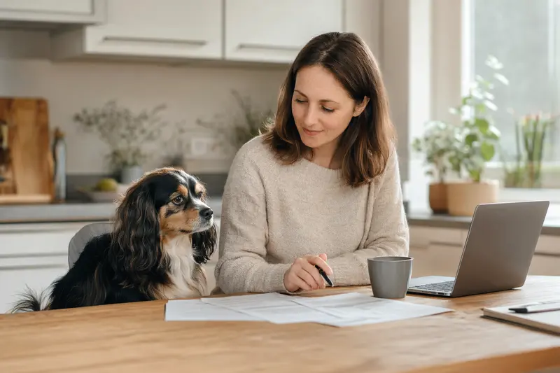 Ein Kontinentaler Zwergspaniel Hund sitzt entspannt neben seinem Besitzer am Küchentisch, während Versicherungsunterlagen und ein Laptop zu sehen sind.