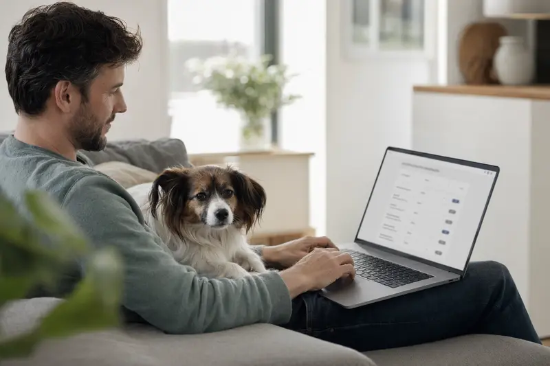 Ein Hundebesitzer arbeitet am Laptop auf dem Sofa, während ein Kontinentaler Zwergspaniel entspannt daneben sitzt.