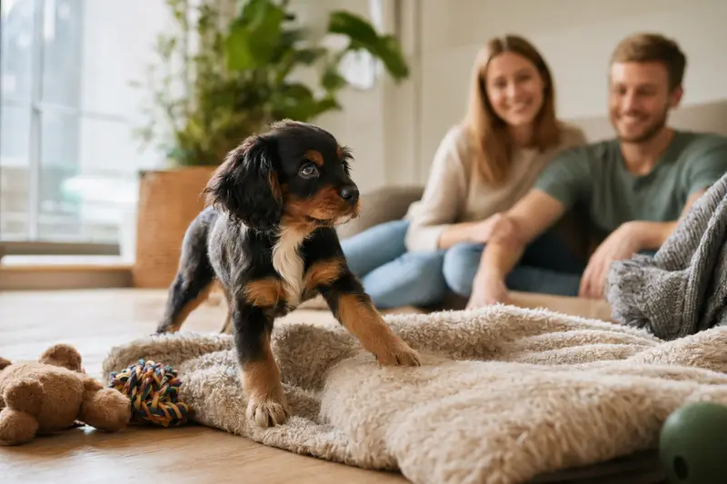 Ein neugieriger Kontinentaler Zwergspaniel Welpe erkundet sein neues Zuhause mit einer liebevollen Familie im Hintergrund.