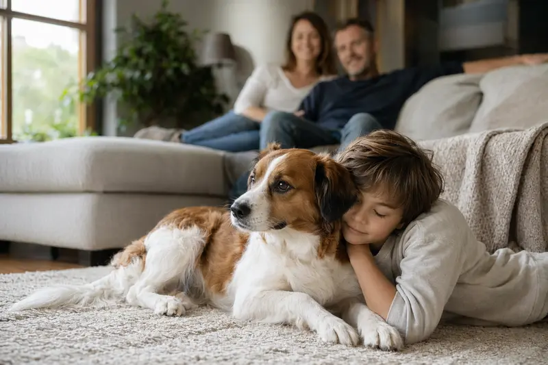 Ein Kooikerhondje liegt entspannt neben einem Kind im Wohnzimmer, während die Eltern im Hintergrund stehen und eine sichere Familienatmosphäre entsteht.