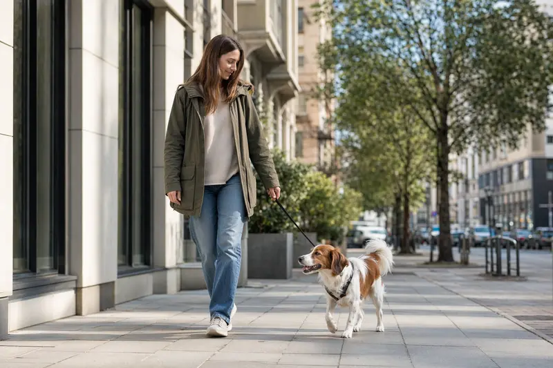 Ein Kooikerhondje läuft an der Leine mit seinem Besitzer durch eine moderne Stadtstraße.