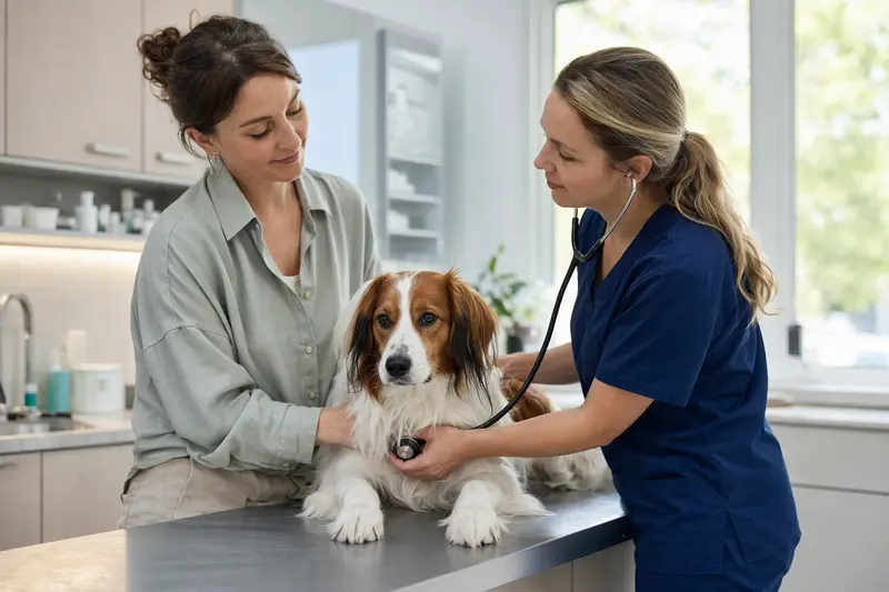 Eine Tierärztin untersucht einen ruhigen Kooikerhondje Hund behutsam mit einem Stethoskop auf einem Untersuchungstisch.
