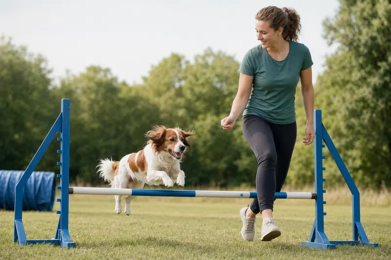 Ein aktiver Kooikerhondje springt mit seinem Besitzer über eine kleine Trainingshürde auf dem Hundeplatz.