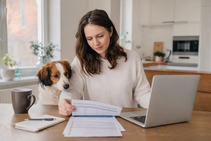 Ein Kooikerhondje Hund sitzt ruhig neben seinem Besitzer am Küchentisch, auf dem Versicherungsunterlagen und ein Laptop liegen.