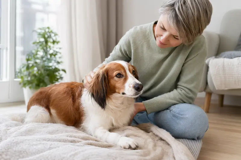 Kooikerhondje mit Verbandsbinde an der Pfote, entspannt neben seinem erleichterten Besitzer in einer hellen Wohnung.
