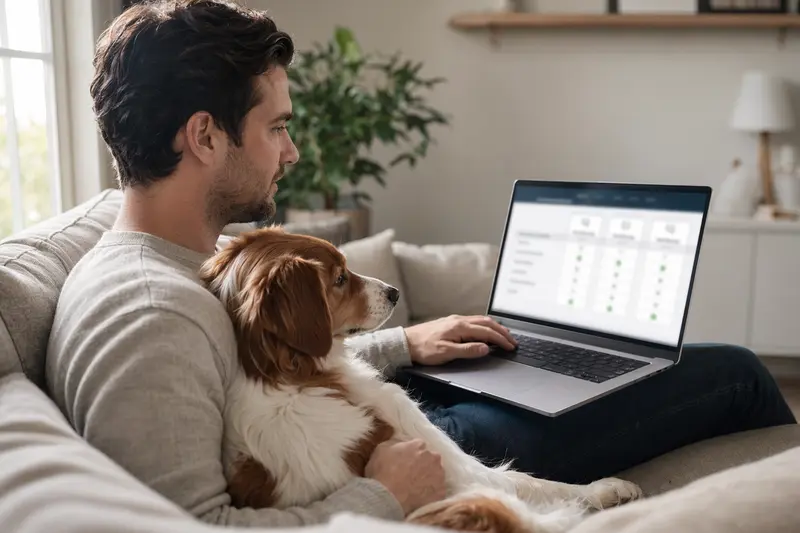 Ein Hundebesitzer sitzt mit einem Kooikerhondje auf dem Sofa und vergleicht Versicherungen auf einem Laptop.