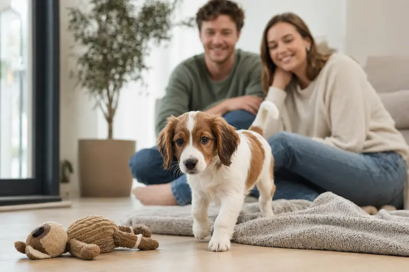 Ein junger Kooikerhondje Welpe erkundet neugierig seine neue, freundliche Wohnung mit einer weichen Decke und Spielzeug im Hintergrund.