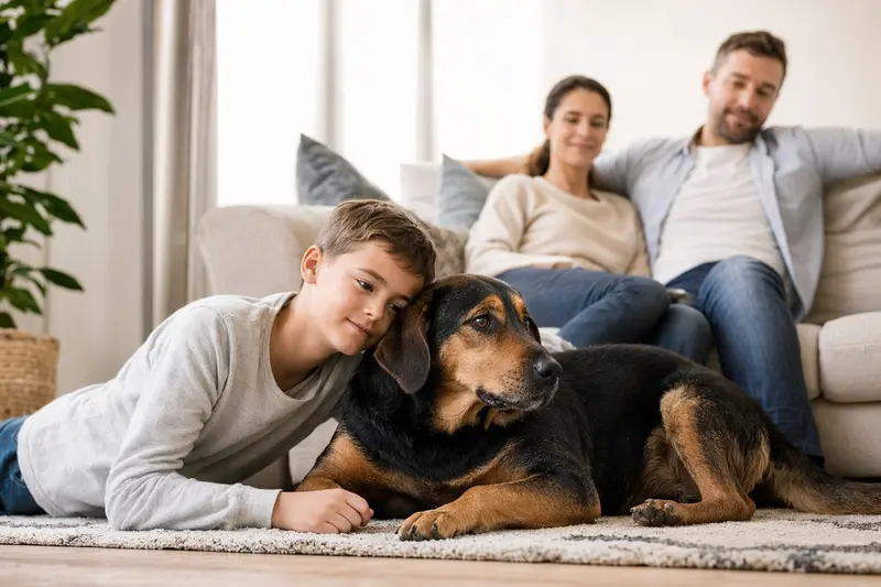 Ein freundlicher Kopov Hund liegt entspannt neben einem Kind im hellen Wohnzimmer, während die Eltern im Hintergrund eine sichere Familienatmosphäre schaffen.