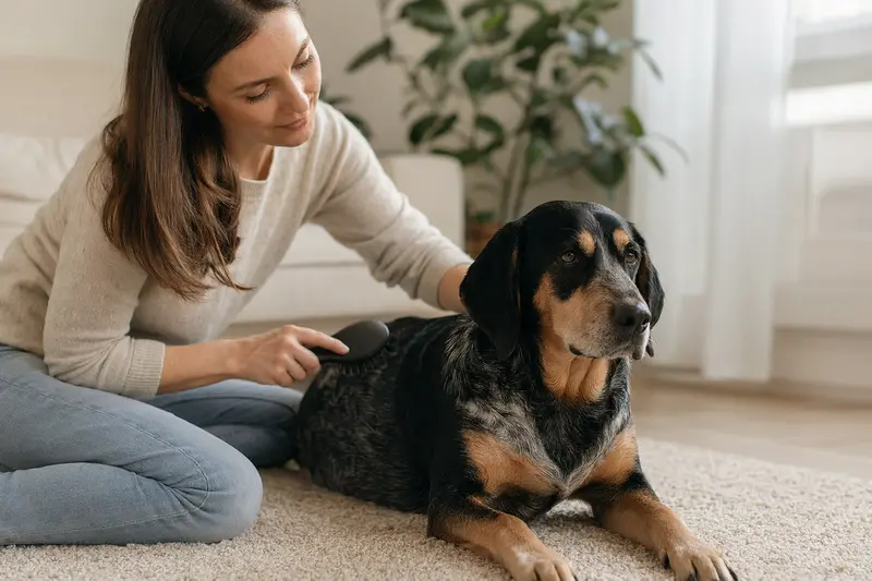 Ein Kopov Hund wird in einer hellen Wohnung sanft gebürstet, während sich der Besitzer liebevoll um die Fellpflege kümmert.