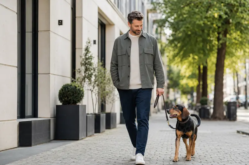 Ein Kopov Hund läuft an der Leine mit seinem Besitzer entspannt durch eine moderne Stadtstraße.