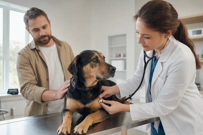 Ein ruhiger Kopov Hund auf dem Untersuchungstisch, wo eine freundliche Tierärztin ihn mit einem Stethoskop untersucht.
