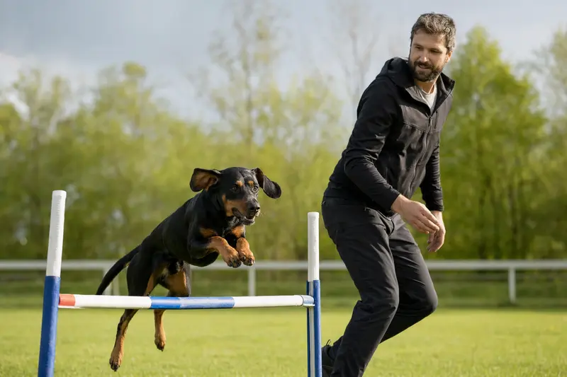 Ein aktiver Kopov Hund springt mit seinem Besitzer über eine kleine Trainingshürde auf dem Hundeplatz.