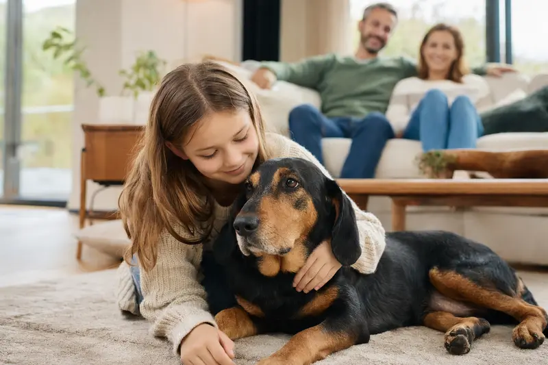 Ein freundlicher Kopov Bracke Hund liegt entspannt neben einem Kind im Wohnzimmer, während die Eltern im Hintergrund eine sichere Familienatmosphäre schaffen.